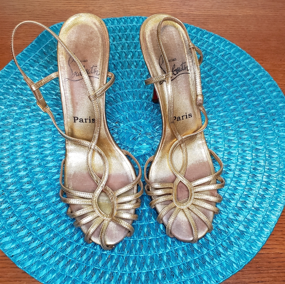 Christian Louboutin Gold Strap Sandal Heels - Picture 1 of 6